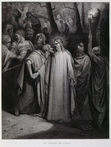 Judas verrät Jesus mit einem Kuss; Illustration aus der Dore-Bibel