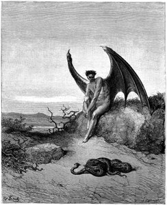 Luzifer (Satan, gefallener Engel, fiel vom Himmel auf die Erde) trifft die Schlange. Illustration von Gustave Doré für „Das verlorene Paradies“ von John Milton (1608-1674). Gravur von 1866. Private Sammlung von Gustave Dore