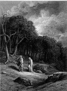 Merlin und Viviane im Wald von Brocéliande - in „Viviane“ von Alfred Tennyson, Illustration von G. Doré