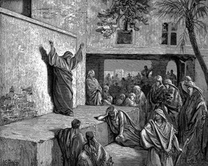 Micha der Moreschtiter Prophet sagt den Israeliten: Denn siehe, der Herr kommt herab ... und wird auf den Höhen der Erde wandeln. Bibel Micha 1:3. Illustration von Gustave Doré 1865-1856. Holzstich