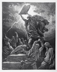 Moses zerbricht die Gesetzestafeln, graviert von Hotelin, ca. 1868 von Gustave Dore