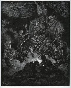 Nachtlicht, wo Don Quijote die Geschichte der Welt den Ziegen und einem Sancho Panza erzählt - aus „Don Quijote de la Mancha“ von Miguel Cervantes (1547-1616) (Don Quijote) - Holzschnitt nach einer Zeichnung von Gustave Dore.