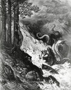 Orlando kämpft gegen den Ork, aus Der Wahnsinn des Orlando, Illustration von Gustave Dore