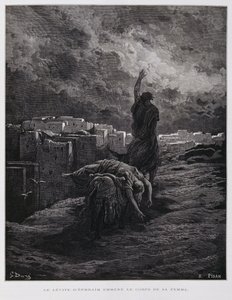 Empörung in Gibea, der Levit trägt seine tote Konkubine weg, Illustration aus der Dore-Bibel