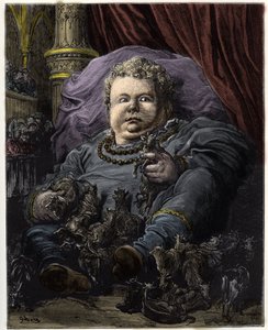 Pantagruel, Sohn von Gargantua, wird mit der Milch von 4600 Kühen ernährt - Illustration aus 