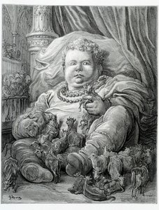 Pantagruel umgibt Kühe - in „Gargantua“ von Rabelais, ill. von Gustave Doré