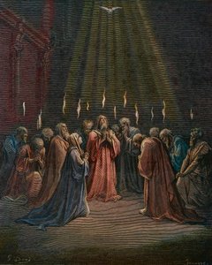 Pfingsten - Pfingsten (Kommen des Heiligen Geistes) - Pfingsten, der Abstieg des Heiligen Geistes, Gravur von Gustave Doré (1832-1883) - spätere Kolorierung