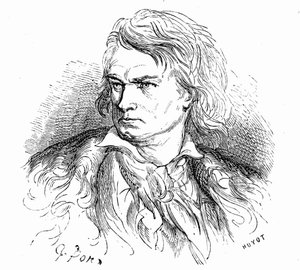 Porträt von Beethoven von Gustave Doré, um 1855, zur Illustration eines Textes von Hippolyte Taine: „-Was ist Beethoven? „Ein armer großer Mann, taub, verliebt, verkannt und Philosoph, dessen Musik voller gigantischer oder schmerzhafter Träume ist.“ von Gustave Dore