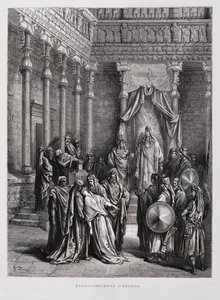 Königin Esther fällt vor dem König in Ohnmacht, Illustration aus der Dore-Bibel von Gustave Dore