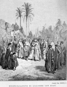 Versöhnung von Jakob und Esau. Genesis, XXXIII, 4. Illustration von Gustave Doré.
