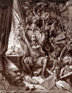 Darstellung von Don Quixote in seiner Bibliothek, umgeben von den Kreaturen seiner Bücher, Gravur von Gustave Doré (1832-1883) für „L