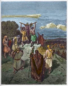 Rückkehr aus dem Land Kanaan - Die Rückkehr von Josua und Kaleb mit einer riesigen Traube aus dem Land Kanaan (Gelobtes Land) - Gravur in „Die illustrierte Bibel“ von Gustave Doré (1832-1883) - Gravur aus „Die Doré-Bibel“.