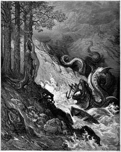 Ruggiero kämpft gegen das Meeresmonster (Drachen), das Olimpia bedroht, die nackt an einen Baum gebunden ist, blockiert seine Kiefer mit einem Anker und rettet Olimpia (Gesang 11, Strophe 37) - Stich von Gustave Doré (1832-1883), der „Der rasende Roland“ ( von Gustave Dore