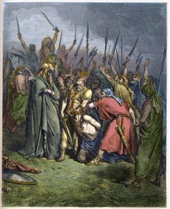 Samuel tötet Agag - Die Enthauptung von Agag, König der Amalekiter, durch den Propheten Samuel - Gravur in „Die illustrierte Bibel“ von Gustave Doré (1832-1883) - Gravur aus „Die Doré-Bibel“ von Gustave Dore