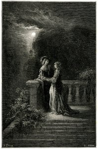 Sigognac und Isabelle: Liebende endlich vereint im Mondlicht. Am Ende triumphiert die Liebe! Illustration von Gustave Doré zum Schelmenroman von Théophile Gautier „Le capitaine Fracasse“, Ausgabe Charpentier 1863. von Gustave Dore