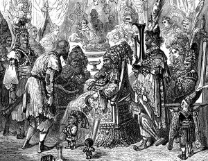 Sindbad der Seefahrer - Geschichte aus den Tausendundeiner Nacht - Illustration von Gustave Doré (Detail) - Maxwell-Ausgabe 1865 - Prolog: Ein armer Träger (Hinbad) stellt sich vor Sindbad, der alt und reich geworden ist. Letzterer wird ihm erzählen