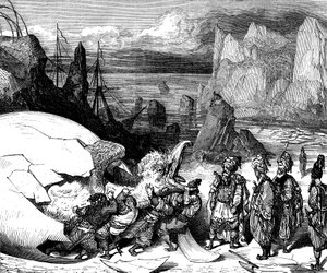 Sindbad der Seefahrer - Geschichte aus Tausendundeiner Nacht - Illustration von Gustave Doré (Detail) - Maxwell-Ausgabe 1865 - Fünfte Reise: Die Kaufleute, die Sindbad begleiten, brechen die Schale eines gigantischen Eies des Riesenvogels Roc, um ein...