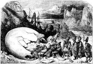 Sindbad der Seefahrer - Geschichte aus den Tausendundeine Nacht - Illustration von Gustave Doré - Maxwell-Ausgabe 1865 - Fünfte Reise: Die Kaufleute, die Sindbad begleiten, brechen die Schale eines riesigen Eies des Vogels Roc auf, um ein riesiges Baby zu 