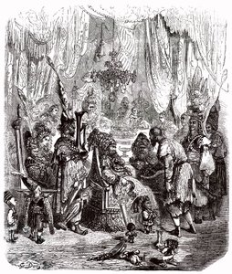Sindbad der Seefahrer - Märchen aus Tausendundeiner Nacht - Illustration von Gustave Doré - Maxwell-Ausgabe 1865 - Prolog: Ein armer Träger (Hinbad) stellt sich vor Sindbad, der alt und reich geworden ist. Dieser erzählt ihm seine Abenteuer von Gustave Dore