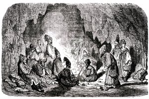 Sindbad der Seefahrer - Märchen aus Tausendundeiner Nacht - Illustration von Gustave Doré - Maxwell-Ausgabe 1865 - Erste Reise: Sindbad, von seinen Gefährten mitten im Meer verlassen, erreicht eine Insel und trifft in einer Höhle den Palefrenie von Gustave Dore