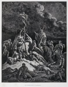 So machte Mose eine bronzene Schlange und setzte sie auf eine Stange. Numeri 21:7, Illustration aus der Dore-Bibel von Gustave Dore