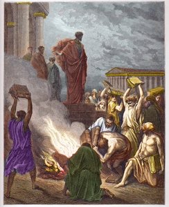 Der heilige Paulus in Ephesus - Die Prophezeiung des heiligen Paulus in Ephesus. Juden, die sich mit Exorzismus beschäftigten, verbrennen die Bücher - Gravur in „Die illustrierte Bibel“ von Gustave Doré - Gravur aus „Die Doré-Bibel“ von Gustave Dore