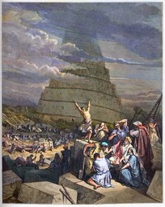 Turm von Babel - Die Turm von Babel Illustration von Genesis und Sprachverwirrung durch Yahve. Rechts diskutiert König Nimrud (oder Nimrod, Nemrod) mit den Architekten - Gravur in „The Bible illustree“ von Gustave Dore (1832-1883) - Gravur aus „The Dore Bi