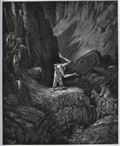 Die akrobatische Buße von Don Quijote in der Sierra Morena - aus „Don Quijote de la Mancha“ von Miguel Cervantes (1547-1616) - Holzschnitt nach einer Zeichnung von Gustave Doré