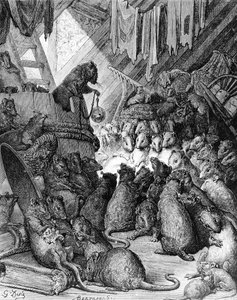 Der Rat der Ratten, aus den Fabeln von La Fontaine, graviert von Antoine Valerie Bertrand (geb. 1823) ca. 1868 von Gustave Dore