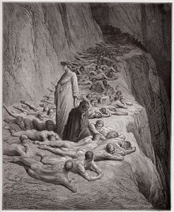 Die Göttliche Komödie (La Divina Commedia), Purgatorio, Gesang 19: Die Seelen der Habgierigen: Adrian V spricht zu Dante - von Dante Alighieri (1265-1321) - Illustration von Gustave Doré (1832-1883)