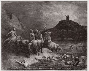 Die Göttliche Komödie, Inferno, Gesang 12: Nessus und die Zentauren (Illustration von Gustave Doré) von Gustave Dore