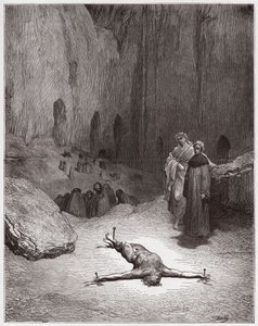 Die Göttliche Komödie, Inferno, Gesang 23: Ein gekreuzigter Pharisäer unter den Heuchlern (Illustration von Gustave Doré)