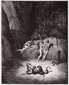 Die Göttliche Komödie, Inferno, Gesang 25: Agnello verwandelt sich in eine Schlange - von Dante Alighieri (1265-1321) - Illustration von Gustave Doré (1832-1883)
