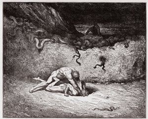 Die Göttliche Komödie, Inferno, Gesang 30: Die Qual der Fälscher in der neunten Bolgia (Gianni Schicchi) (Illustration von Gustave Doré)