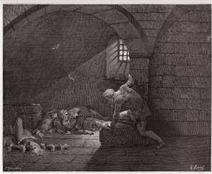 Die Göttliche Komödie, Inferno, Gesang 33: Ugolino in der Zelle mit seinen vier toten Söhnen (Illustration von Gustave Doré)