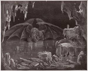 Die Göttliche Komödie, Inferno, Gesang 34: Luzifer, König der Hölle, im Eis gefroren (Illustration von Gustave Doré) von Gustave Dore
