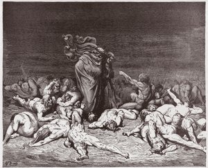 Die Göttliche Komödie, Inferno, Gesang 6: Die Gefräßigen werden von ewigem Regen gepeitscht (Illustration von Gustave Doré)
