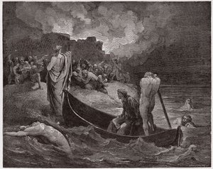 Die Göttliche Komödie (La Divina Commedia), Inferno, Gesang 8: Virgil und Dante landen an der Zitadelle von Dis - von Dante Alighieri (1265-1321) - Illustration von Gustave Doré (1832-1883)