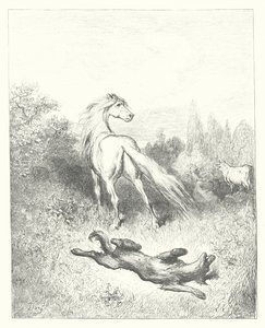Die Fabeln von La Fontaine: Das Pferd und der Wolf (Gravur) von Gustave Dore