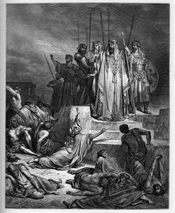 Die Hungersnot in Samaria - Altes Testament: Belagerung von Samaria. Der König von Syrien belagert die Stadt Samaria und reduzierte sie zu einer schrecklichen Hungersnot - - Gravur in "Die illustrierte Bibel" von Gustave Dore (1832-1883) - Gravur aus "Die  von Gustave Dore