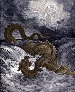 Der Leviathan, Seeungeheuer, das der Seeschlange in der Bibel ähnelt. Illustrationen der Bibel von Gustave Doré. Gravur des 19. Jahrhunderts. von Gustave Dore