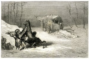 Der Bandit Agostin wird von einem Wolf angegriffen, in der Nähe des toten Pferdes, das noch im Wagen liegt, verlassen von Komödianten oder versteckt das kleine Chiquita. Gravur von Gustave Doré, die Théophile Gautiers Roman „Le capitaine Fracasse“ illustri