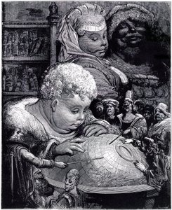 Die Erziehung des Gargantua: der Riese, Kind, studiert mit seinen Lehrern einen Globus, unter den Augen seiner Eltern von Gustave Dore