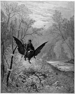 Der Hippogreif, bestiegen vom Ritter Ruggiero, erreicht eine lachende Region - Gravur von Gustave Doré zur Illustration von „Der rasende Roland“ von Ludovico Ariosto