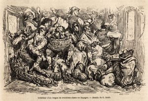 Das Innere eines Waggons dritter Klasse in Spanien, Zeichnung von Gustave Doré, zur Illustration seiner Reise nach Spanien mit C. Davillier im Jahr 1862. Gravur in „Le tour du monde“, herausgegeben von Edouard Charton von Gustave Dore