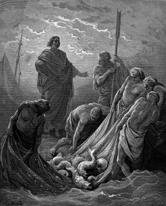 Der wunderbare Fischfang. Lukas: 5:6. Aus Gustave Dorés illustrierter Bibel 1865