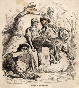 Das Nickerchen der Träger des Hafens von Alicante, Skizze von Gustave Doré (1832-1883), zur Illustration seiner Reise nach Spanien im Jahr 1862 mit Ch. Davillier. Gravur in „Le tour du monde“, herausgegeben von Edouard Charton von Gustave Dore