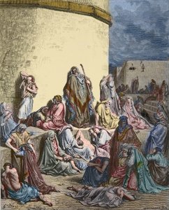 Das Volk Israel trauert über Jerusalem - Altes Testament - Klagelieder Jeremias - Das Volk weint in den Ruinen Jerusalems - Gravur von Gustave Doré - spätere Kolorierung von Gustave Dore