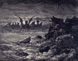 Der Prophet Daniel sieht Monster erscheinen: Haniel, Kafziel, Azriel, Aniel. Gravur aus der Bibel illustriert von Gustave Doré. 19. Jahrhundert