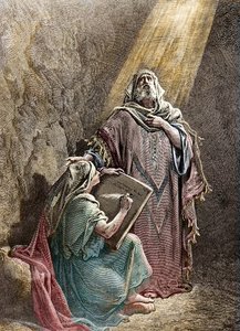 Der Prophet Jeremia diktiert seine Prophezeiungen an Baruch - Kolorierte Gravur von Pannemacker, aus der Bibel von Gustave Doré (1832-1883)